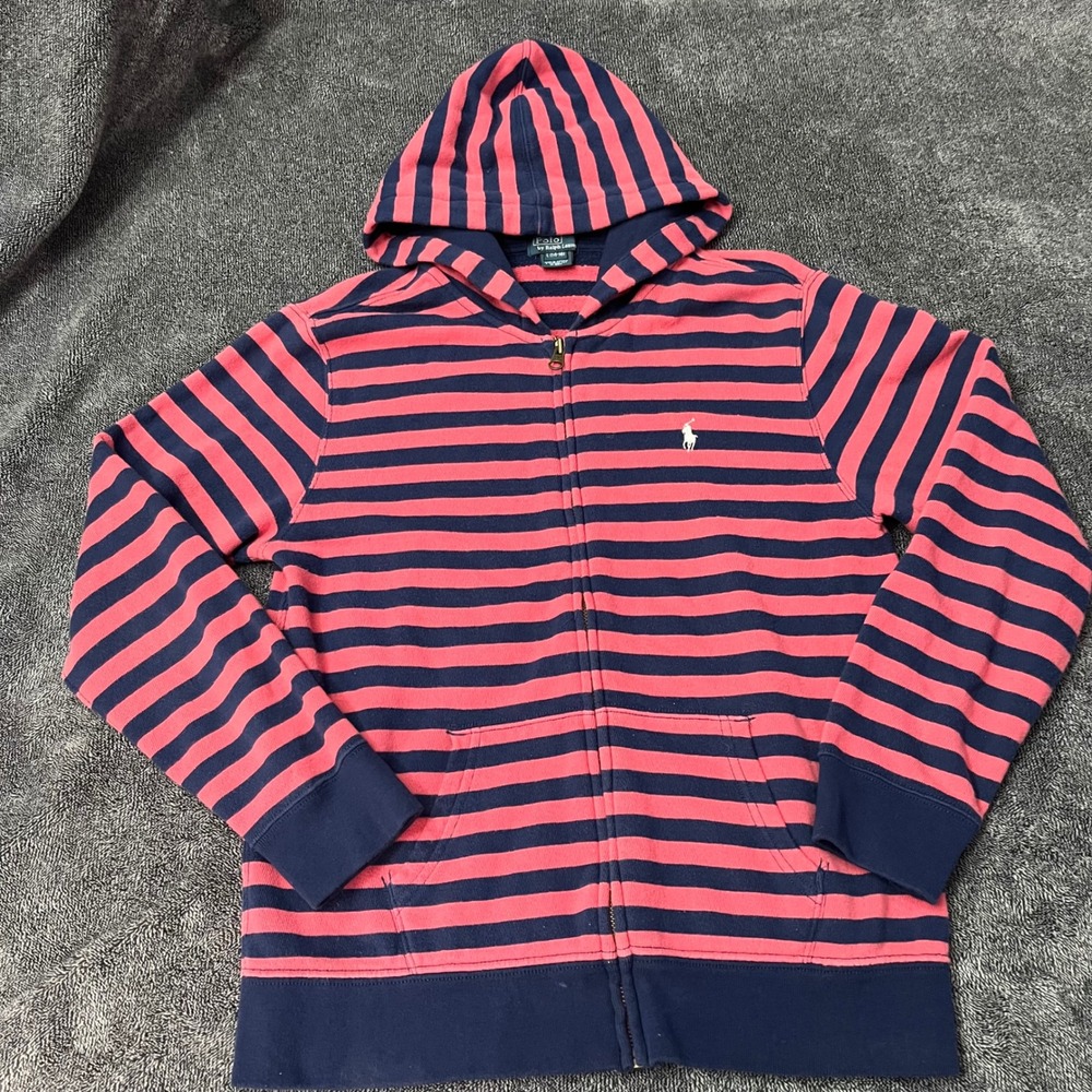 Polo Ralph Lauren Kids Large 14-16 Striped Zip Up Hoodie Navy Pink Pony Logo